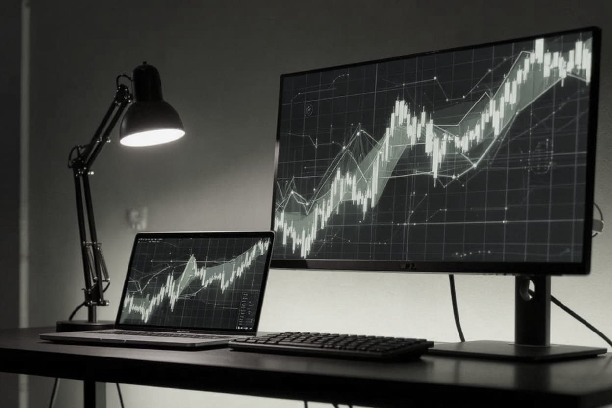 Laptop i monitor na ciemnym biurku